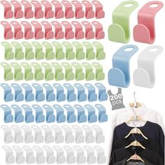 several different colored plastic hangers and clothes