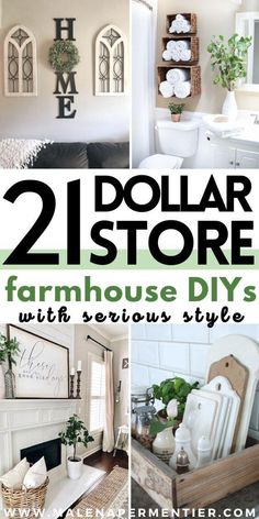 two dollar store farmhouse diy's with various styles and decor on the walls