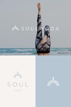 a woman doing yoga on the beach with her hands up in the air, and another logo for soul yoga