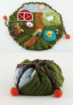 crocheted bag with green and blue material on the front and side, along with an image of farm scene