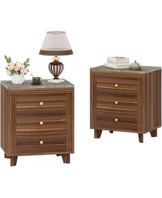 two nightstands with marble top and wooden legs, one has a lamp on it