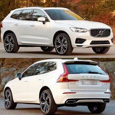 two side by side images of a white volvo suv