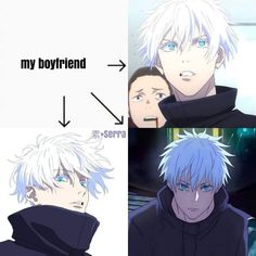 two anime characters, one with white hair and the other with blue eyes