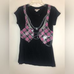 This T-Shirt Is Sooo Cute. I Can’t Get The Details To Pop But The Jewelry Is Silver Glitter! The Plaid In This Top. Great Colors Too! Punk Tee, Virtual Closet, Silver Glitter, Self Esteem, The Details, Black Pink, I Can, Womens Tops, Plaid