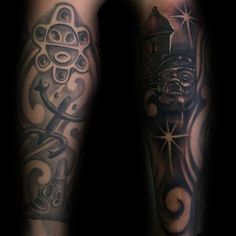 two tattoos on both legs with an image of a man's head in the middle