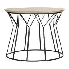 a round table with metal frame and wood top