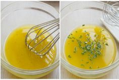 two pictures showing how to make an egg mixture in a glass bowl with a whisk