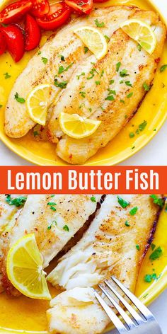 lemon butter fish on a yellow plate with tomatoes