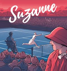 a woman is playing tennis in front of an audience with the words suzzane on it