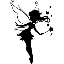 a black and white silhouette of a fairy with stars in her hair, flying through the air