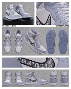 four different views of the same pair of shoes, all in white and blue colors