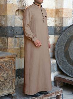 Omaijid Linen Thobe Hang Out With Friends, Head Off, Islamic Clothing, Extra Fabric, Comfortable Dress, Contrast Trim, Black Trim, Mandarin Collar, Body Size