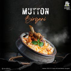 an advertisement for mutton biriyani with meat and vegetables in a bowl