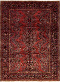 an antique persian rug with red and blue colors