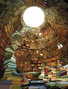 a room filled with lots of books and a round window in the middle of it