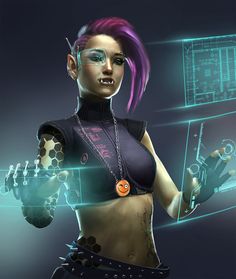 a woman with purple hair and tattoos holding a cell phone in her hand while wearing futuristic gadgets