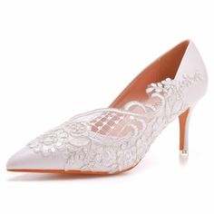 white Fitted High Heel Wedding Shoes For Banquets, Fitted High Heel Wedding Shoes For Banquet, Lace Wedding Shoes With Pointed Toe, White Low Heel Kitten Heels For Party, White Closed Toe Court Shoes For Party, White Kitten Heels For Party With Low Heel, White Kitten Heels With 4-inch Heel For Formal Occasions, White Kitten Heels For Party, Elegant Low Heel Lace Wedding Shoes