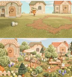 there are two pictures of different houses in the same area