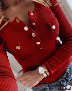 Color: red, Size: XL Long Sleeve Shirts For Women, Bodycon Shirt, Casual Long Sleeve Shirts, Long Sleeve Knit Sweaters, Red Sweater, Winter Tops, Shirts For Women, Womens Casual Outfits, Sleeves Pattern