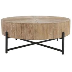 a round wooden table with black metal legs and a circular wood coffee table in the middle