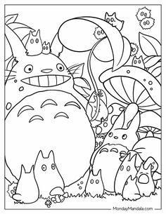 an image of cartoon characters with mushrooms and plants in black and white coloring book page