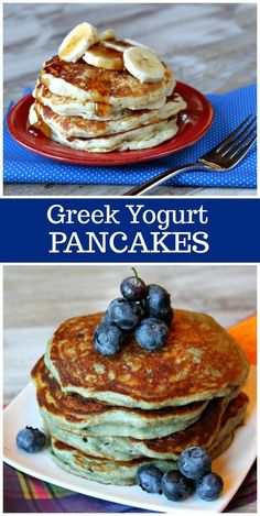 pancakes with blueberries and bananas are stacked on top of each other in front of the words, greek yogurt pancakes