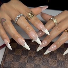 thank me later #moodboard #explorepage #explore #nailsinspo #nails #pinterest Long Almond Shaped Nails Acrylics, Nail Inspiration Stilleto, Almond Shape Long Nails, Xxl French Nails, Almond Shaped Long Nails, Long Sharp Almond Nails, V French Almond Nails, French Tip Stelito Nails, Almondetto Acrylic Nails