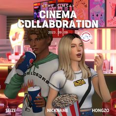 two people standing next to each other in front of a movie theater with the words cinema collaboration