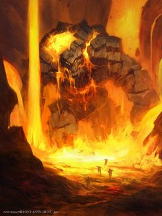 an image of a man standing in the middle of a fire filled area with rocks and lava