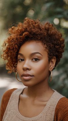 Fall Hair Colors for Black Women TWA Burnt Orange Curls Tapered Twa 4c Hair, Ginger Natural Hair Black Women, Twa 4c Hair, Autumn Hair Colors, Natural Hair Bob Cut, Short Curly Afro, Hair Colors For Black Women, Colors For Black Women, Natural Hair Haircuts