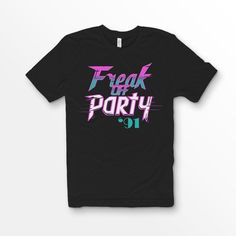 Show you were there.  Freak off party '91.  IYKYK Features     -4.2 oz., 100% airlume combed and ringspun cotton     -Athletic Heather is 90/10 airlume combed and ringspun cotton/polyester      -Retail fit     -Unisex sizing     -Tearaway label     -Full Color Digital print Sizes run slightly smaller than usual. We suggest consulting the size chart in the product images to help determine what size is best for you. Don't see the color you're looking for?  Send us a message and we will happily accommodate your request. Fun Text Print T-shirt For Streetwear, Retro T-shirt With Text Print For Music Festivals, Fun Letter Print Shirt For Streetwear, Rave Style Short Sleeve T-shirt With Letter Print, Rave Graphic T-shirt For Streetwear, Rave Style Graphic T-shirt For Streetwear, Casual Party T-shirt With Text Print, 90s Style Summer Party T-shirt, Casual Text Print T-shirt For Party