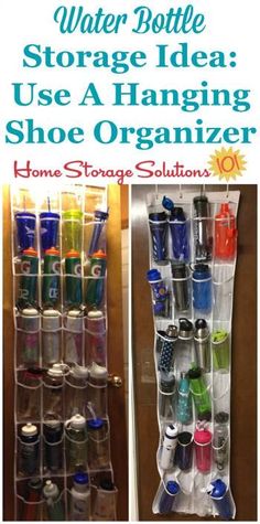 the water bottle storage idea uses a hanging shoe organizer to store cups and other items