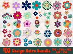 an assortment of flowers and buttons with the words, 40 design retro bundle svg - p