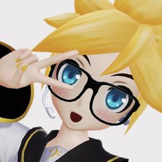 a cartoon character with glasses and blonde hair holding her hand up to her eyeglasses