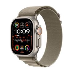 the apple watch series 4 is shown in silver and has a beige band with an orange dot