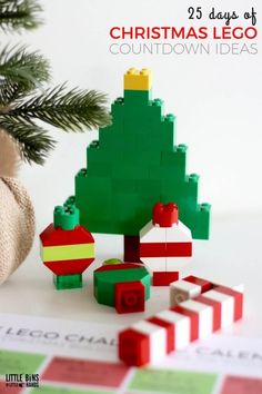 a lego christmas tree is shown next to some ornaments and a small bag with the words, 25 days of christmas lego countdown ideas