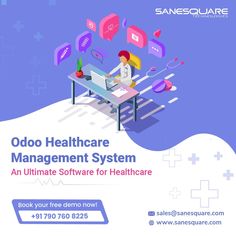 an advertisement for the odoo healthcare management system, featuring a man sitting at a desk