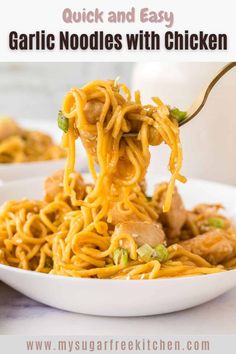 a white bowl filled with garlic noodles and chicken