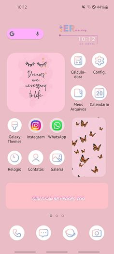 a pink phone screen with different icons and numbers on the bottom right corner, including an image of butterflies