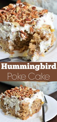 a piece of hummingbird poke cake on a plate