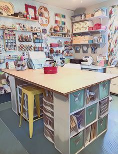 an organized craft room with lots of storage