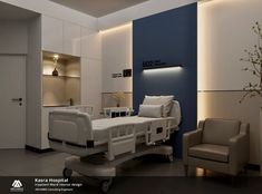 a hospital room with a bed and chairs