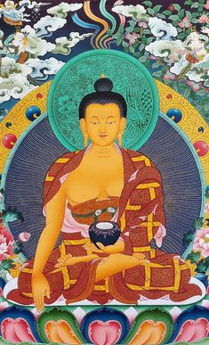 an image of buddha sitting in the middle of flowers and holding a bowl with food on it