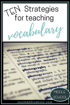 an open book with the title ten strategies for teaching vocabulary in middle school