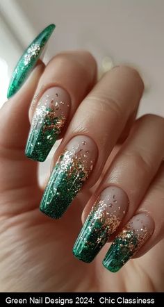 Explore the latest in nail art with these chic green nail designs for 2024! Add a touch of glamour to your style. #nailart #GreenNailDesigns Dark Green Nails Ideas, Green Nails Ideas, Gold Gel Nails, Emerald Nails, Witch Nails, Dark Green Nails, Punk Nails, Green Nail Designs, Stylish Nails Designs