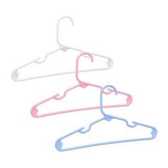 three pink and blue hangers on a white background