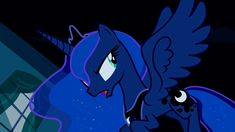 a blue pony with its wings spread out looking at something in the dark night sky