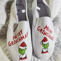 Handcrafted Women's Size 6 Regular Width Grinch Design As Shown On Each Shoe Grinch Design, Tie Dye Shoes, How To Dye Shoes, Mary Jane Shoes Flat, Canvas Slip On Shoes, Lace Up Flats, Flats Patterns, Leather Mary Janes, Leather Ballet Flats