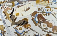 a painting of a bird flying over a snowy town with houses and people in the background