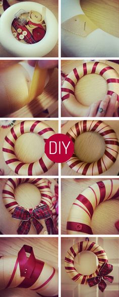 the steps to make a diy christmas wreath with candy canes and ribbon on it